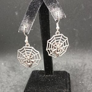 Intricate Silver Tone Spider Web Earrings